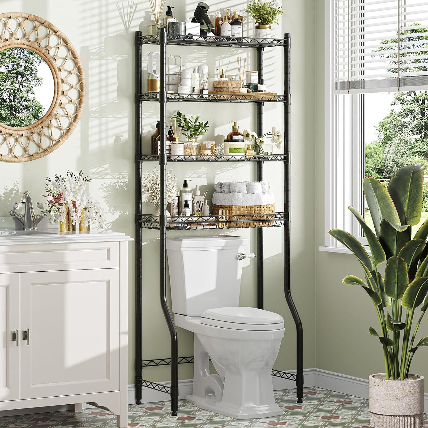 Simple Trending Over The Toilet Storage Cabinet, Metal Bathroom Shelf Organizer with Paper Holder and Hooks, 3 Tier, Black