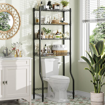Simple Trending Over The Toilet Storage Cabinet, Metal Bathroom Shelf Organizer with Paper Holder and Hooks, 3 Tier, Black