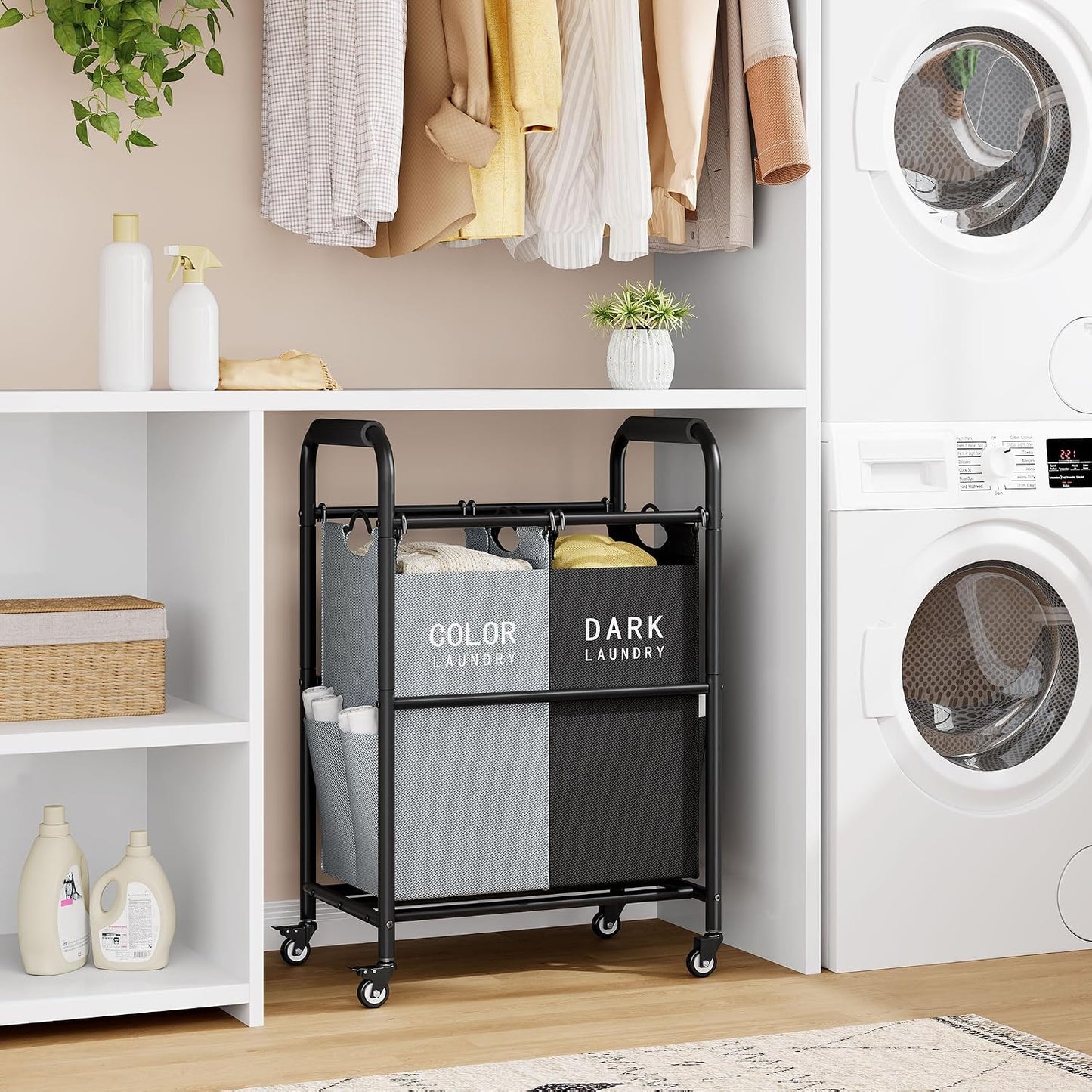 2 Bag Laundry Sorter Cart, Black & Grey | 50lbs Large Capacity, Removable Laundry Bags, Heavy Duty Lockable Rolling Wheels, Laundry Hamper Basket for Clothes Storage