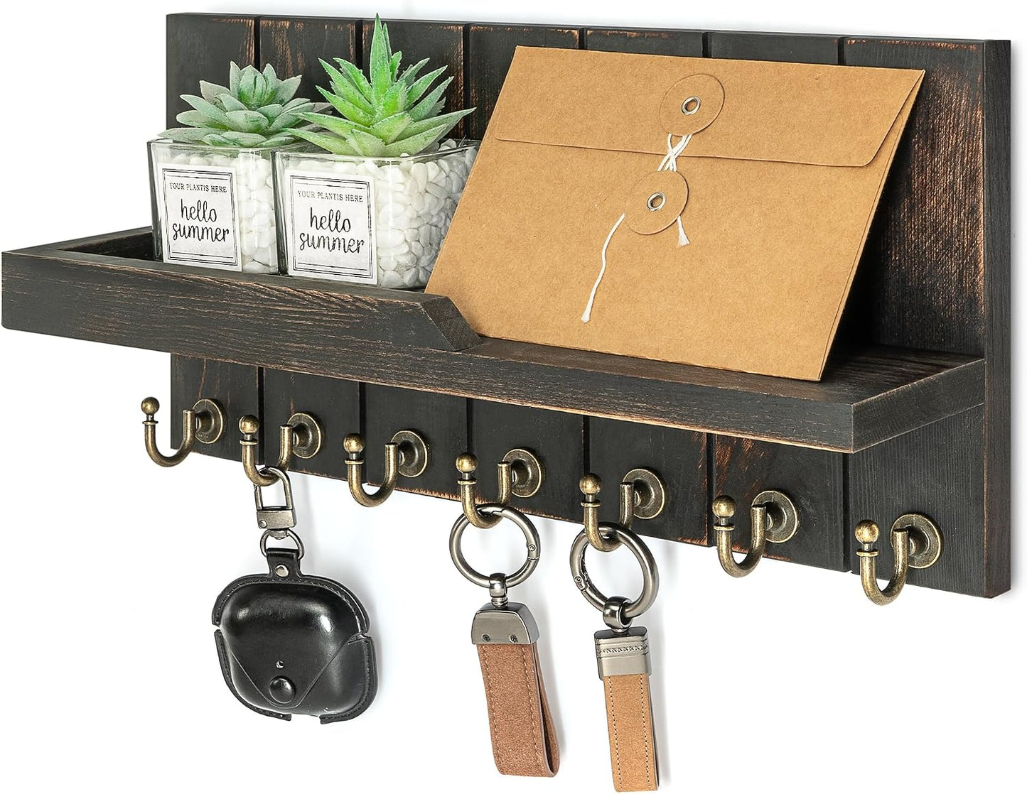 Rebee Vision Key Holder Wall Mount with 5 Key Hooks for Home Decor, Brown | 3.54'' x 10'' x 7.28'', Small Shelf for Display Plant, Key Hangers for Hat, Entryway Space-Saving Storage
