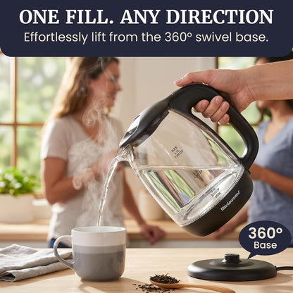 Elite Gourmet EKT1792M 1.7L Glass Kettle, Blue LED, Rapid Boil, 7.2 Cups | Auto Shut-Off, Boil-Dry Protection, 360° Cordless Base, Hot Water for Tea, Coffee & Oatmeal