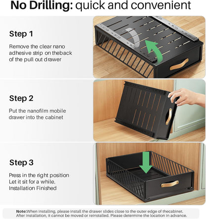 Pull out Cabinet Organizer,Heavy Duty Slide out Pantry Shelves Drawer Storage with Adhesive Nano Film,Sliding Mesh Cabinet Basket with Handle for Kitchen, Bathroom, Home, 11.8"W X 15.7"D X6.2"H,Black