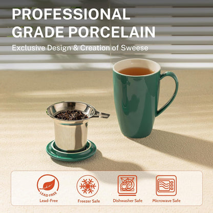 Sweese 15oz Porcelain Tea Mug with Infuser and Lid – Microwave Safe, Ergonomic Handle, Lead-Free Glaze, for Loose Leaf Tea