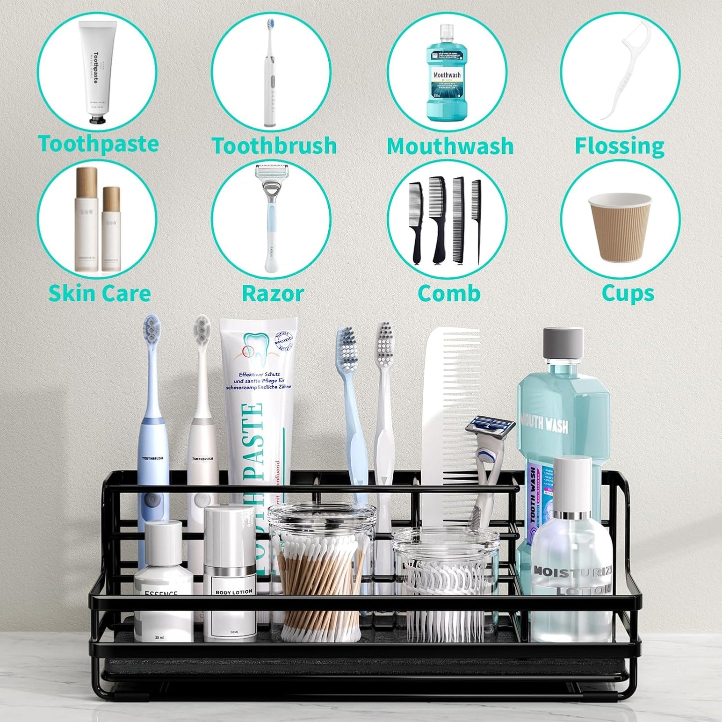 HapiRm Toothbrush Holders for Bathroom - 5 Partitions Bathroom Counter Organizer with Instant Drying Stone, Stainless Steel Countertop Storage Electric Toothbrush Toothpaste Holder - Black