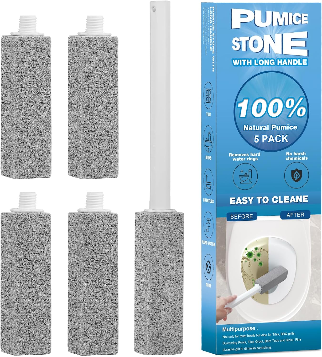 3 Packs Pumice Cleaning Stone with Extra Long Handle, Pumice Stone for Toilet Bowl Clean for Cleaning Toilets, Bathtubs, Grills, Swimming Pools, Sinks