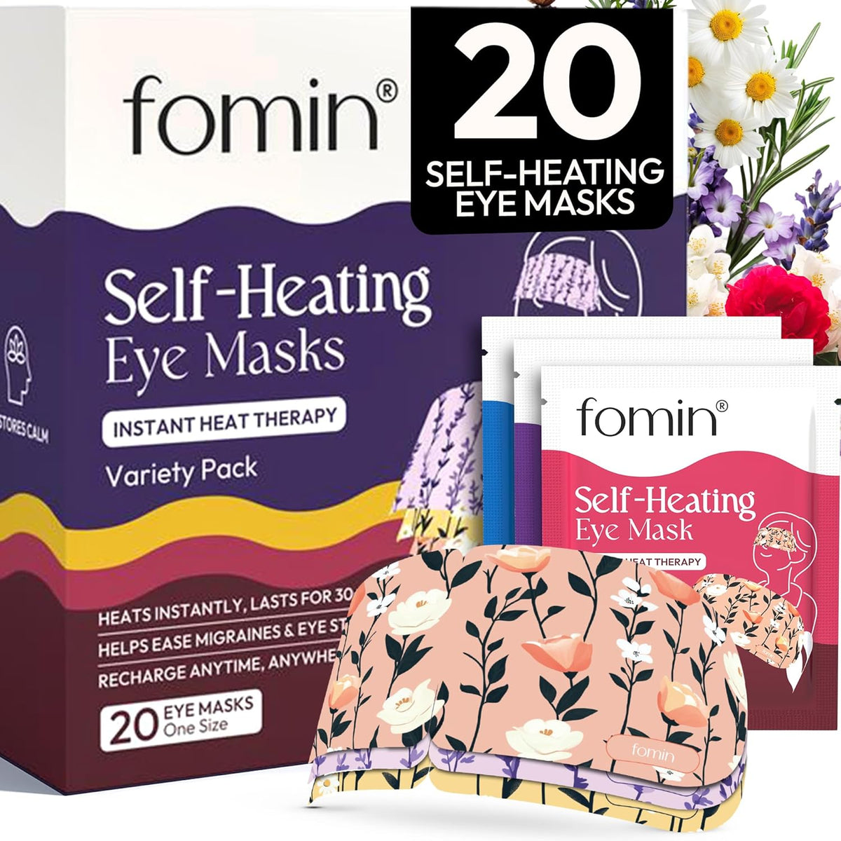 Fomin Steam Eye Mask - 20 Pack - Variety Pack - Self Heating Warm Compress for Dry Eyes, Puffy Eyes & Dark Circles, Disposable Sleep Mask for Home, Spa, Travel Essentials & Relaxation Gifts for Women