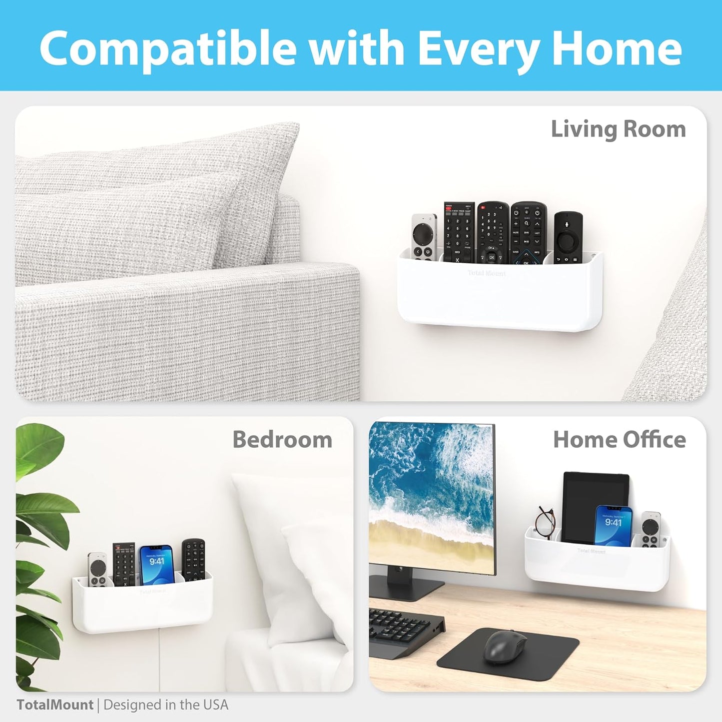 TotalMount Drop-Free Remote Holder – Removable Adhesive Strips – XL Black | Designed in the USA – Simply Put the Remotes In – No Tricky Magnet Alignment Needed (Holds 3 or 4 Remote Controls)