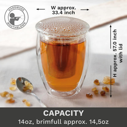 Creano Tea Glass with Infuser and Lid 400ml - Large Tea Cup - Microwave & Dishwasher Safe - Loose Leaf Tea Maker Gift Set