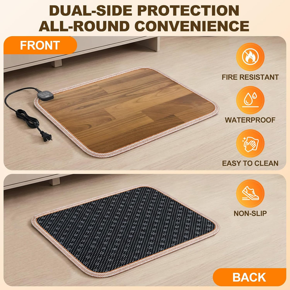 Foot Warmer Under Desk - 15.9x19.9in Heated Floor Mat 110V Adjustable Temperature Electric Heater with Timer for Office Home, Heating Pad for Cold Feet (Brown Wood)