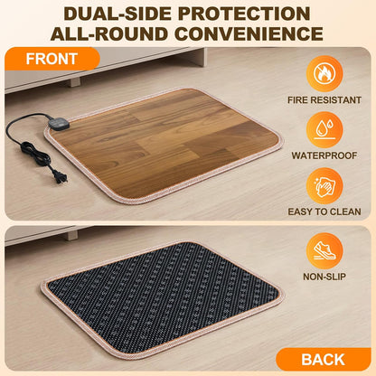 Foot Warmer Under Desk - 15.9x19.9in Heated Floor Mat 110V Adjustable Temperature Electric Heater with Timer for Office Home, Heating Pad for Cold Feet (Brown Wood)