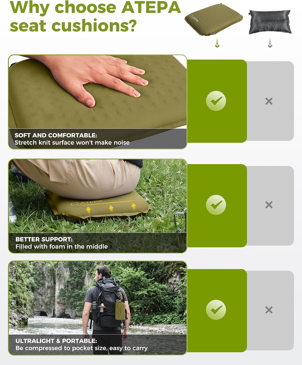 ATEPA Inflatable Seat Cushion | 2" & 2.5" foam core seat pad, Self inflating, Compact, Stadium, Airplane, Travel, Camping, Hiking, Sports events