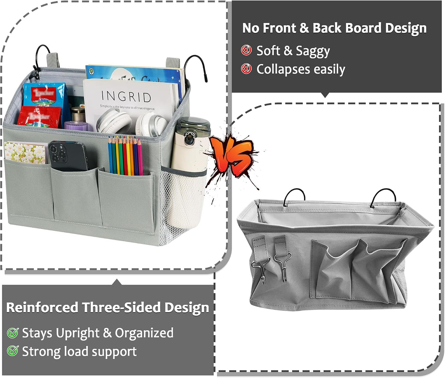Loghot Bedside Caddy Organizer Bed Storage Bag for Dorm Hospital Crib White | 7 pockets bedside hanging organizer for phone books remotes, fits dorm hospital crib bunk beds, keeps organized easy access