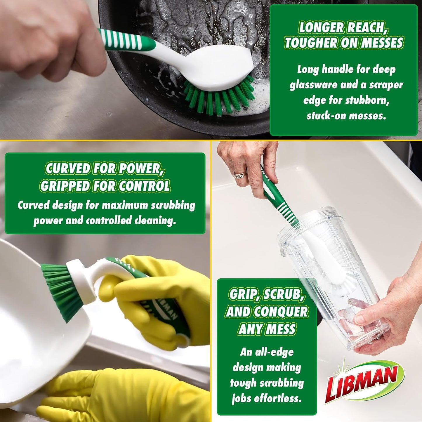 Libman Scrub Brush Kit | Cleaning Brush | Tile & Grout Brush | Small Scrub Brush | Power Scrub Brush | Carpet Brush | Bathroom Scrubber | Boot Scrubber | 3 Different Brushes Included