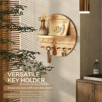 Rebee Vision Pine Wood Round Key Holder Wall Mount for Home Decor, Brown | Round Corner, Key Hooks for Dog leashes & Sunglasses, Display Shelf for Plant & Letters, Mail Organizer, Home Essentials
