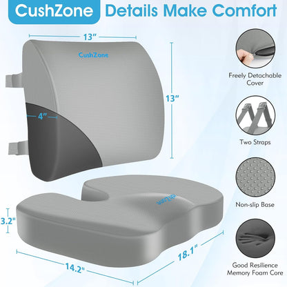CushZone Ergonomic Seat Cushion & Lumbar Support Pillow - Memory Foam for Sciatica Pain Relief & Posture Correction, Non-Slip Chair Cushions for Office Chair/Car/Wheelchair/Travel (Black)