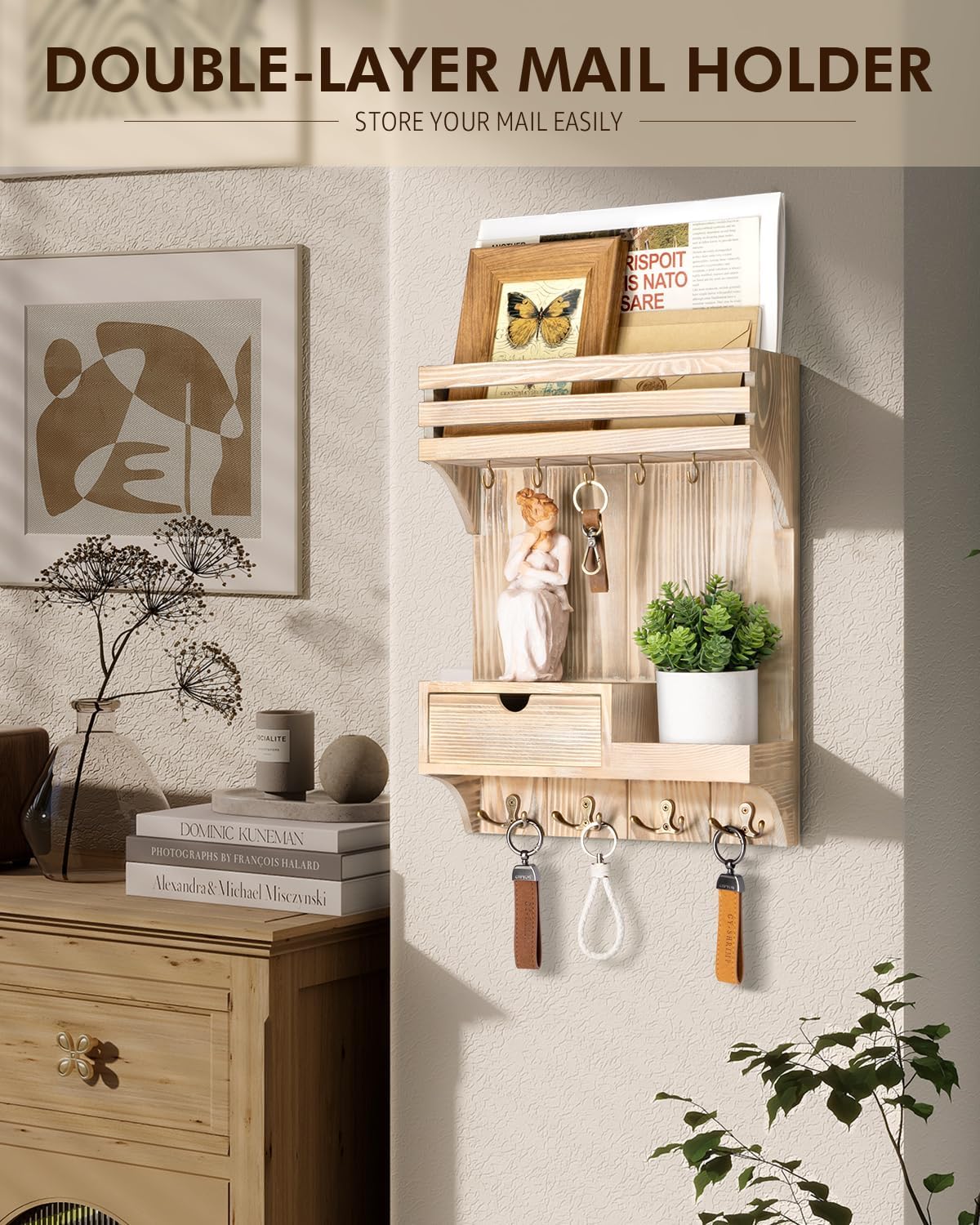 Rebee Vision Key Holder Wall Mount with Drawer Organizer for Entryway,Brown | Pine Wood, 6 Key Hooks, Display Shelf for Plants, Mail Slot for Storage Letter, Multi-Funtional Design, Home Storage