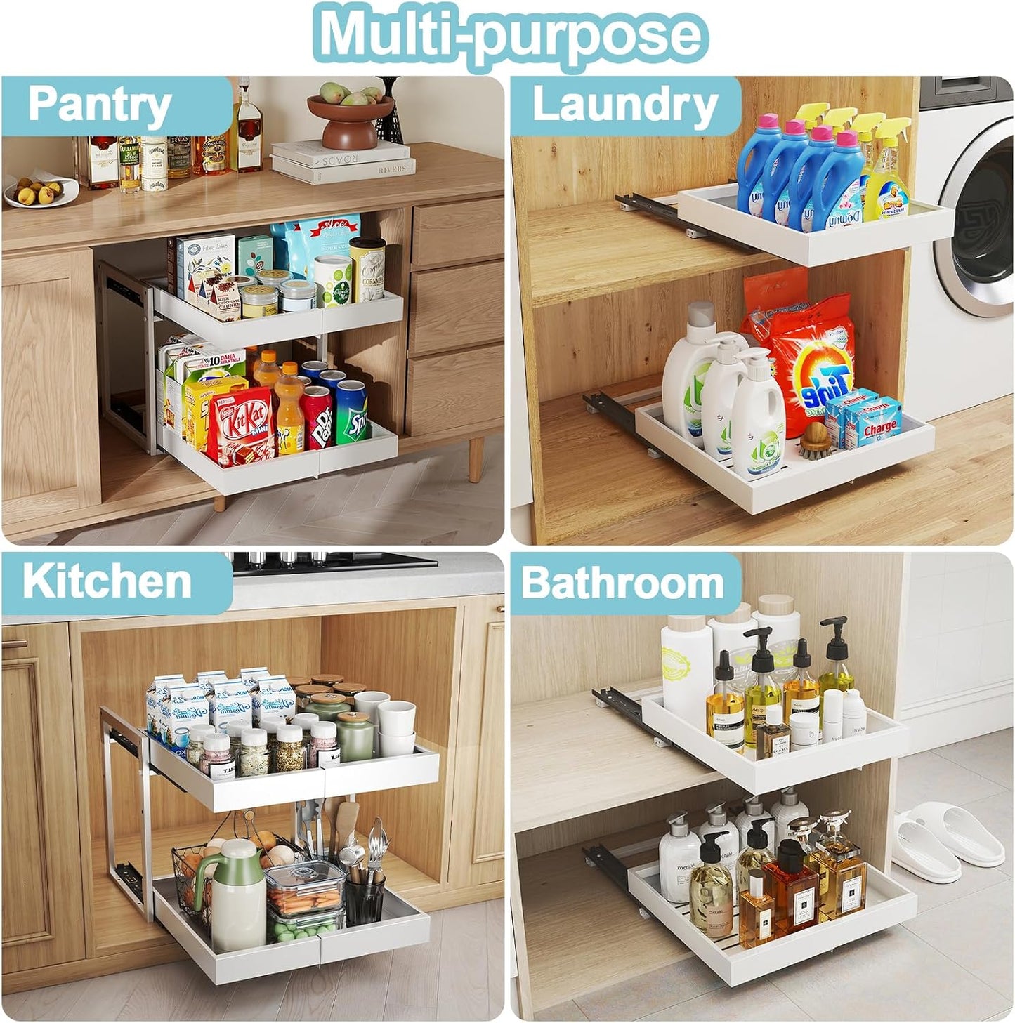 Golener 2-Tier Expandable Pull Out Cabinet Organizer, Cabinet Drawers, 16"D | Cabinet Pull Out shelves, Adjustable Pantry Drawers, Slide Out Drawers for Kitchen Cabinets, Under Sink Organizer, Black