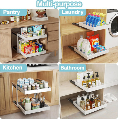 Golener 2-Tier Expandable Pull Out Cabinet Organizer, Cabinet Drawers, 16"D | Cabinet Pull Out shelves, Adjustable Pantry Drawers, Slide Out Drawers for Kitchen Cabinets, Under Sink Organizer, Black