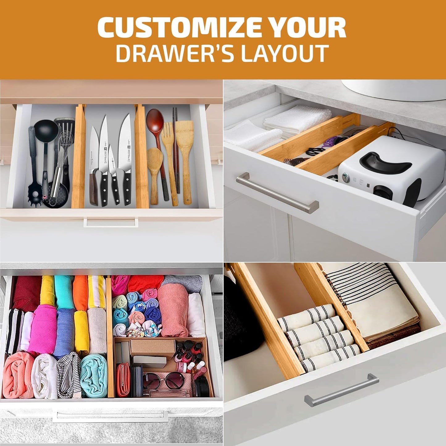 4-Pack Drawer Dividers 2.6-Inch High Dresser Organizer 16 to 22 Inch, Black | Bamboo, Spring Loaded, No Tools Needed, Fits Wide Drawers for Socks, Clothes, Utensils, Bedroom, Bathroom, Kitchen, Office