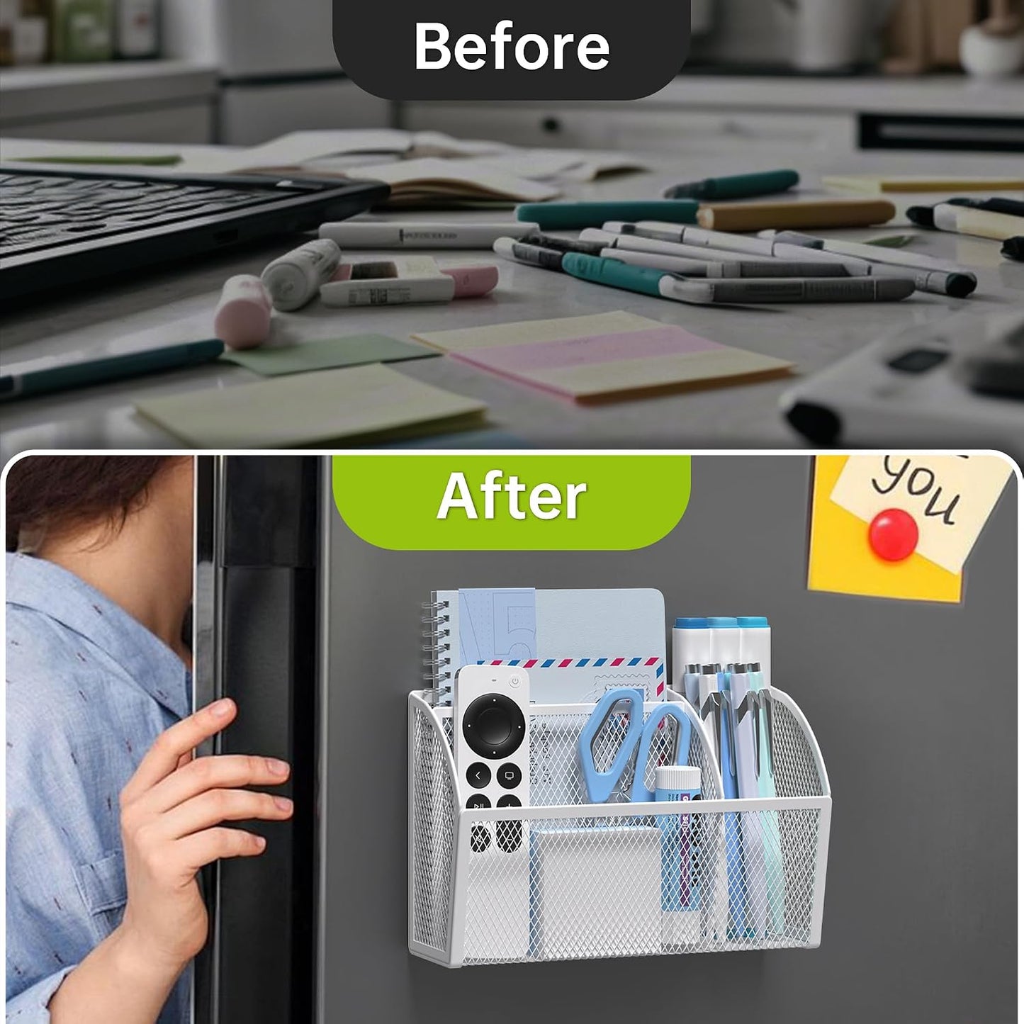 YINGHUA 3 Compartment Magnetic Metal Mesh Pen Holder, Black Desk Caddy | Perfect magnetic organizer for locker, whiteboard, refrigerator, or office. Easily holds pens and accessories