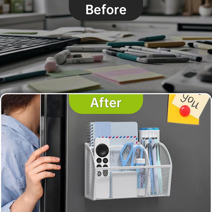 YINGHUA 3 Compartment Magnetic Metal Mesh Pen Holder, Black Desk Caddy | Perfect magnetic organizer for locker, whiteboard, refrigerator, or office. Easily holds pens and accessories