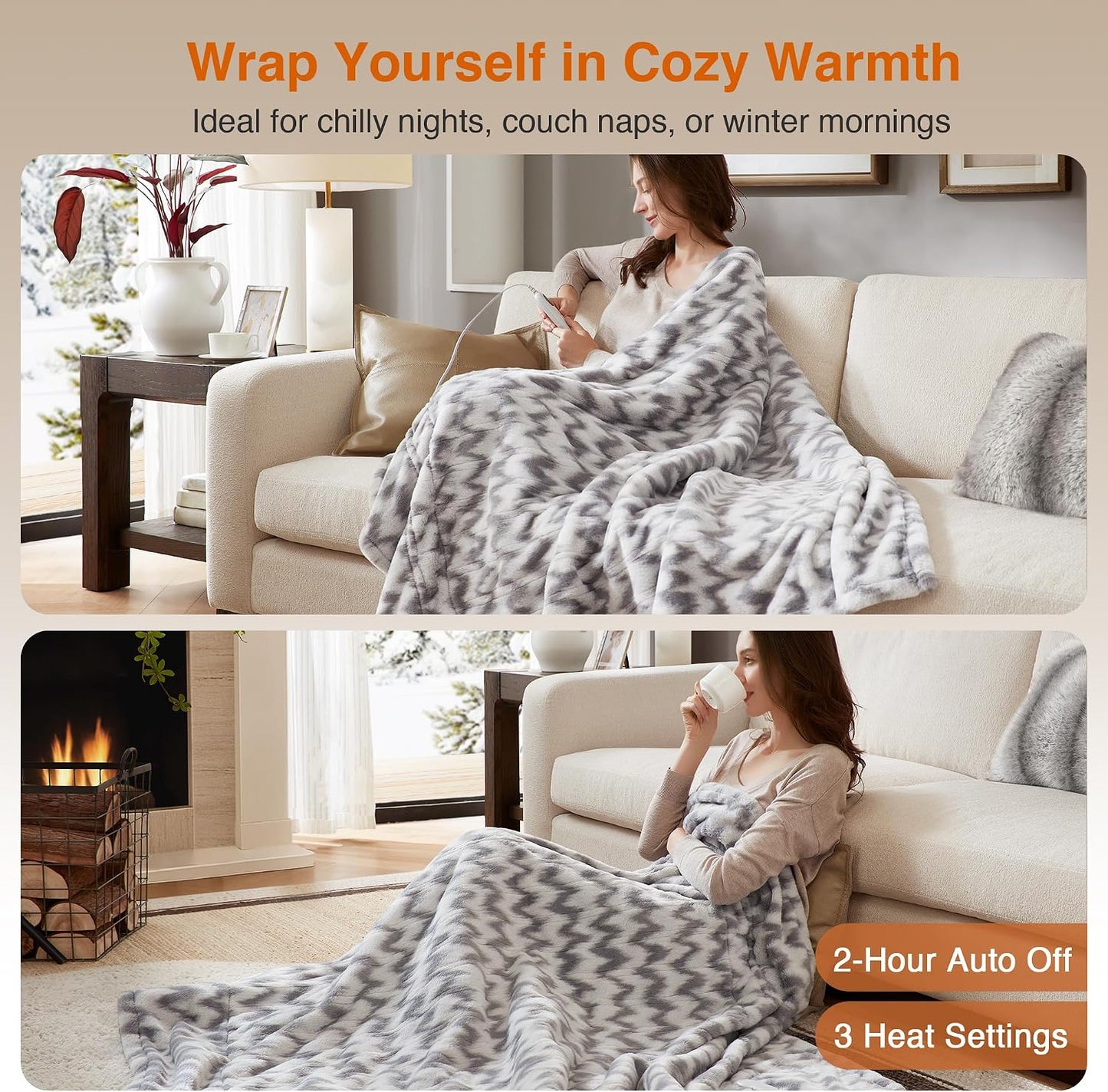 Beautyrest Long Brushed Faux Fur Ogee Textured Design Electric Blanket, Auto Shut Off, Virtually Zero EMF, Multi Heat Setting, UL Certified, Machine Washable, Grey Throw 50x60
