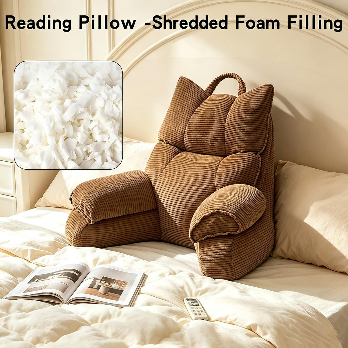 Reading Pillow for Bed with Arms, Back Support, Memory Foam（Grey Black）