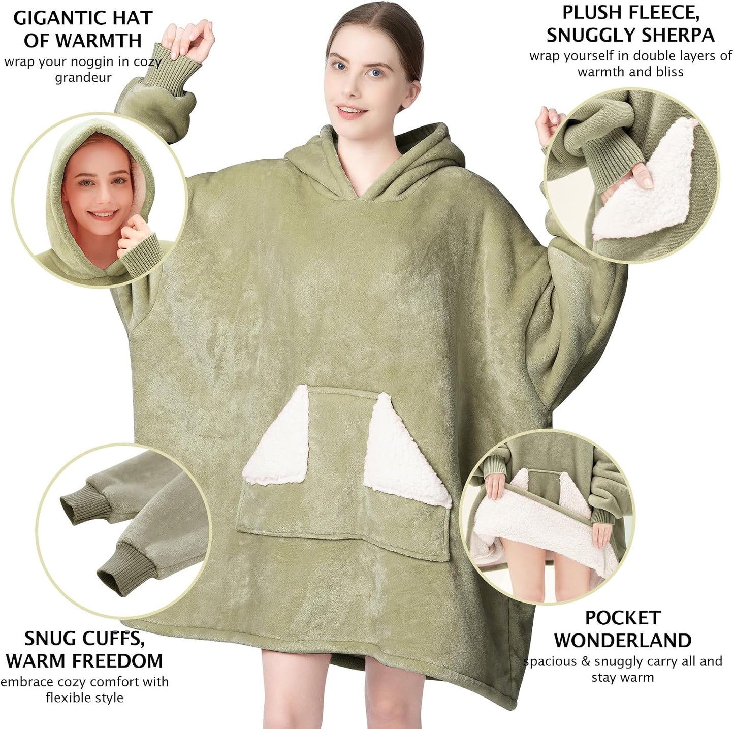 Wearable Blanket Hoodie, Oversized Sherpa Fleece Sweatshirt Blanket with Giant Hood Pocket and Sleeves for Adult, Warm & Cozy Grey Blanket Gifts for Women