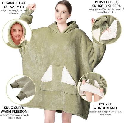 Wearable Blanket Hoodie, Oversized Sherpa Fleece Sweatshirt Blanket with Giant Hood Pocket and Sleeves for Adult, Warm & Cozy Grey Blanket Gifts for Women