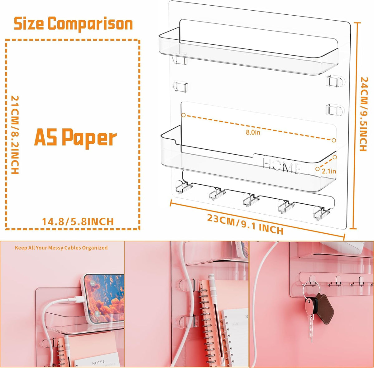 Yieach Bedside Shelf for Dorm Bed,Rv,Small Room and Nightstand,Wall Mounted Floating Shelves and Bedside Wall Organizer for Remote,Phone Holder,Charging Shelf,Cute Bedroom Decor for College Girl,Clear
