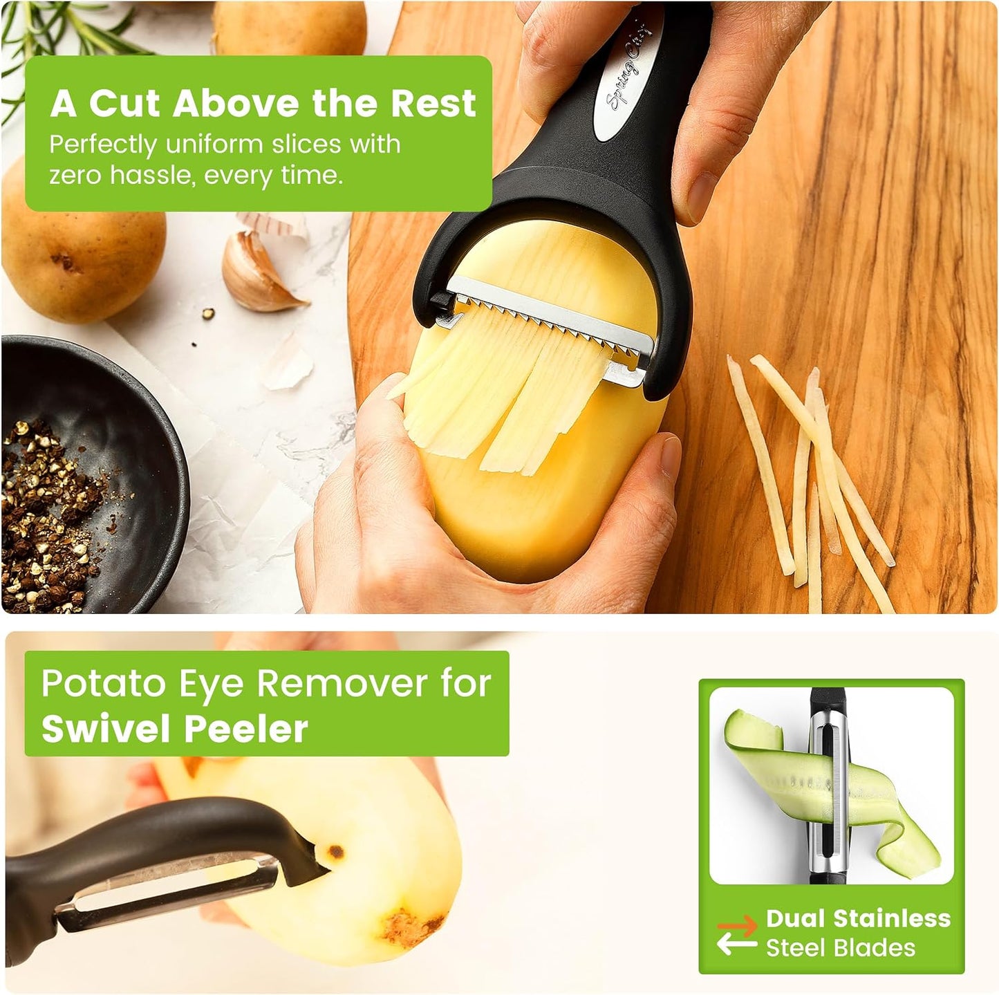 Spring Chef Swivel Potato Peeler & Julienne Vegetable Peeler w/Soft Handle | Premium Multifunctional Peelers for Kitchen with Sharp Stainless Steel Blades & Blade Covers, Dishwasher Safe Veggie Peelers