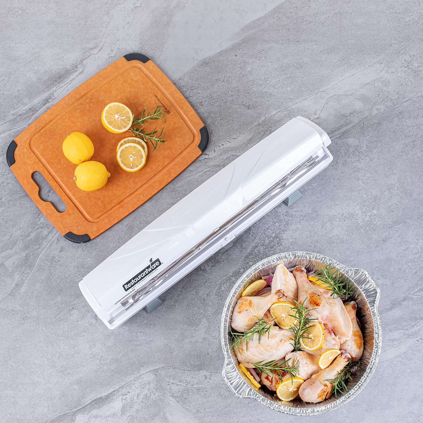 Restaurantware-Chef 101 Food Wrap Dispenser with Cutter, 1 Refillable Cling Wrap Dispenser - Fits 12” to 18” x 1000’ Rolls, Press Down and Cut, White Plastic Aluminum Foil, Sharp Blade
