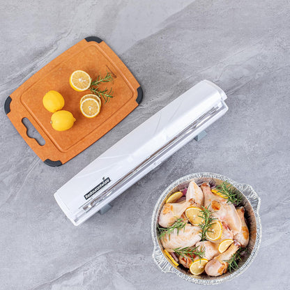 Restaurantware-Chef 101 Food Wrap Dispenser with Cutter, 1 Refillable Cling Wrap Dispenser - Fits 12” to 18” x 1000’ Rolls, Press Down and Cut, White Plastic Aluminum Foil, Sharp Blade