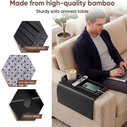 Bamboo Couch Arm Tray Table with Built-in Cup Holder, Foldable Anti-Slip Sofa Armrest Table for Drinks, Phone & Remote, Fits 4.7–16.9 in Armrests, Holds Cups up to 3.5 in Diameter (Bamboo)