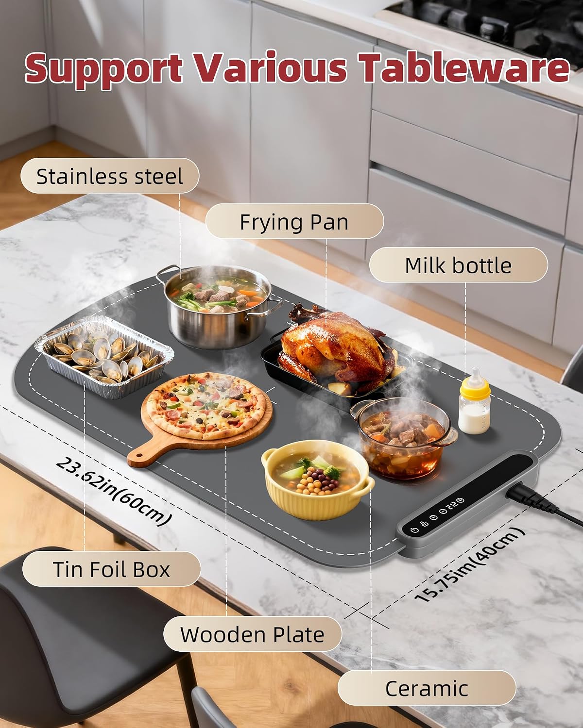 Warming Mat for Food, Upgraded Fast-Heating Electric Warming Tray with 7 Temp Levels & 8 Timers, Buffet Raised Feet & Rollable Silicone Heat Pad, Portable Food Warmer for Home, Party & Travel (Blue)