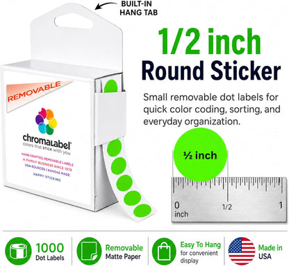 Removable Green Dot Stickers, 1/2 Inch, 1000/Box | Inventory Circle Labels with Removable Adhesive for Offices, Classrooms, Food Service, and Medical Settings. Made in USA