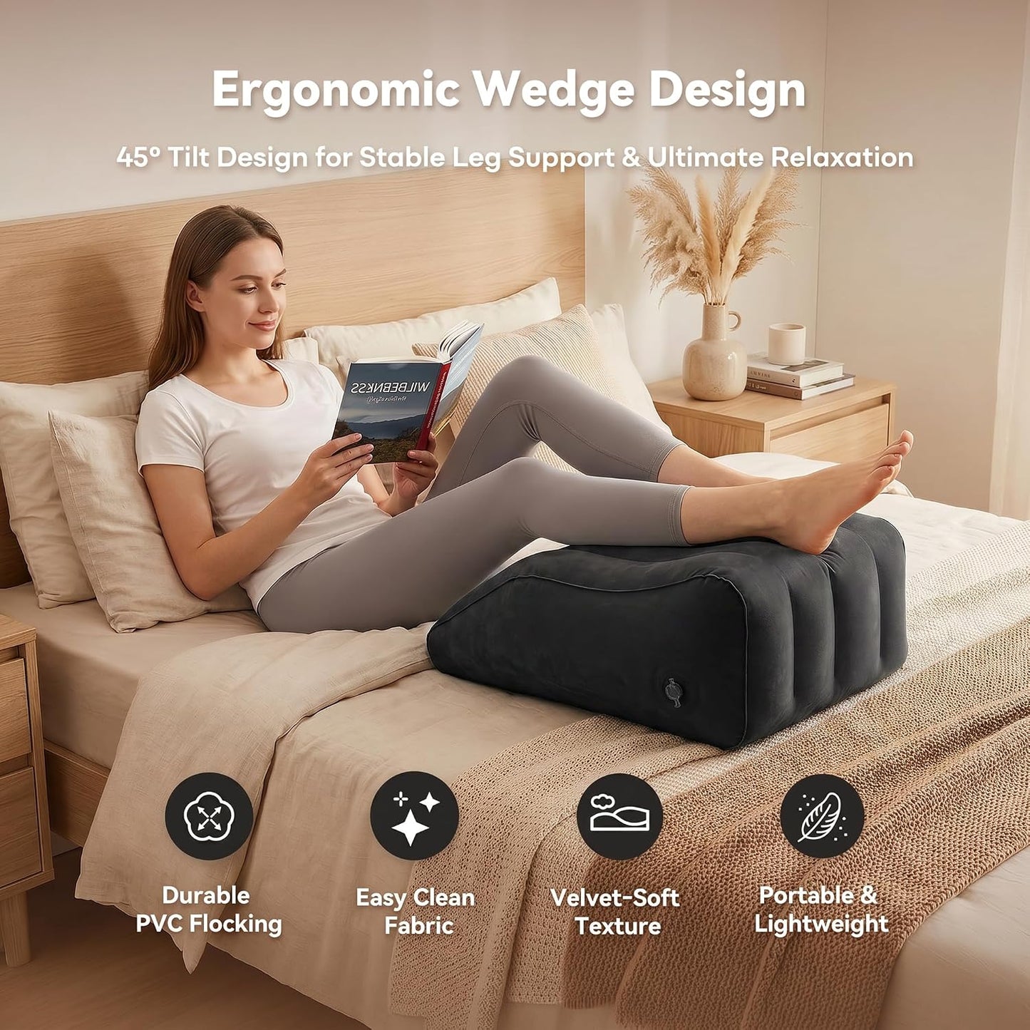 Inflatable Leg Elevation Pillow for Sleeping, Blood Circulation | Ergonomic Wedge Pillow for Swelling, Portable Travel Leg Rest Cushion, Black