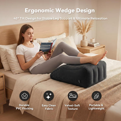 Inflatable Leg Elevation Pillow for Sleeping, Blood Circulation | Ergonomic Wedge Pillow for Swelling, Portable Travel Leg Rest Cushion, Black