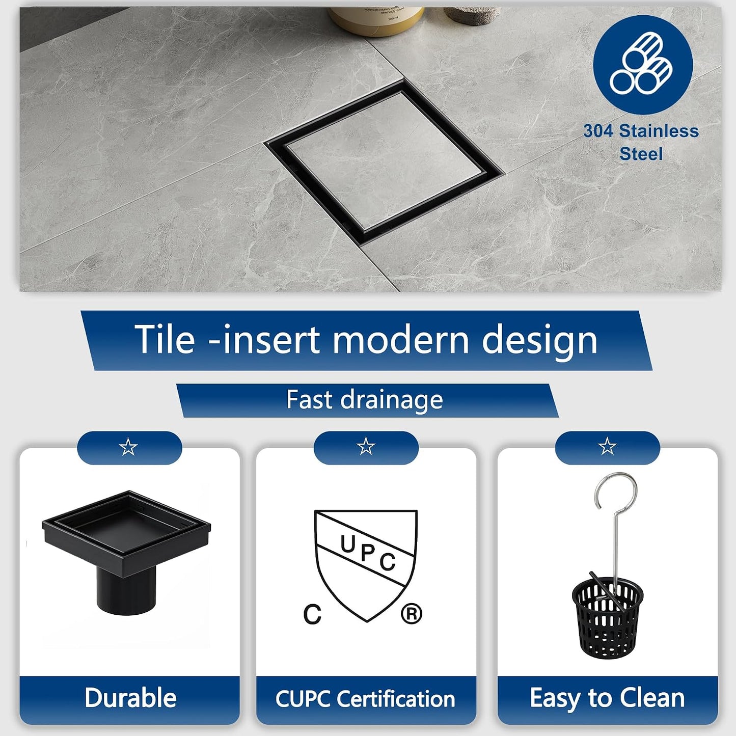 Neodrain 4" Brushed Square Shower Drain with Removable Tile Insert Grate | 304 Stainless Steel Tile Square Drain, Hidden Drain,Easy to Clean, Waterproof & Sturdy Shower Drain, CUPC Certified