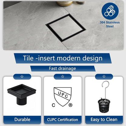 Neodrain 4" Brushed Square Shower Drain with Removable Tile Insert Grate | 304 Stainless Steel Tile Square Drain, Hidden Drain,Easy to Clean, Waterproof & Sturdy Shower Drain, CUPC Certified