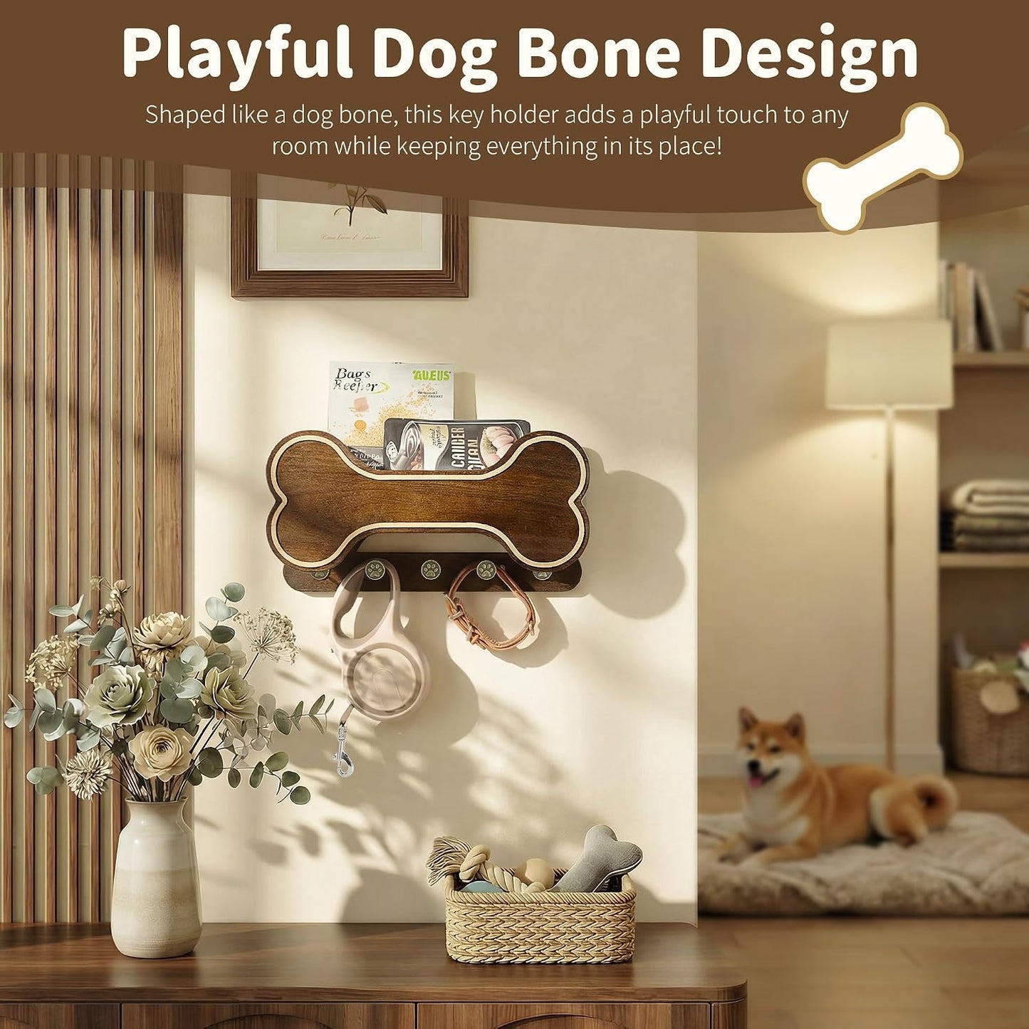 MTERSN Dog Leash Holder for Wall with Key Hooks for Dog Gear Storage, Brown | 3D Puppy Paw Hooks, Doggie Bone Shape, Key Rack with 5 Hooks, Wall Shelf for Treats & Dog Food, Ideal for Wall Decor