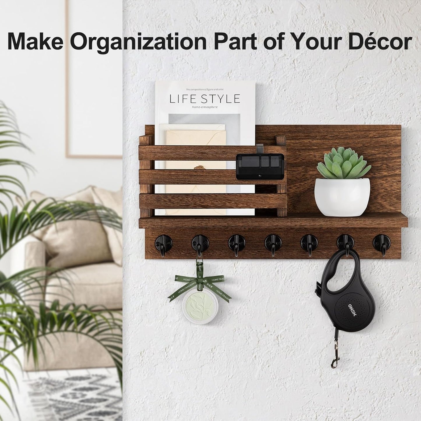 Lwenki Key Holder for Wall – Decorative Wooden Mail Holder and Key Shelf with Mounting Hardware, Installation Guide – Paulownia Wood with Metal Key Hooks (Black, Large - 11.8inch)