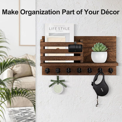 Lwenki Key Holder for Wall – Decorative Wooden Mail Holder and Key Shelf with Mounting Hardware, Installation Guide – Paulownia Wood with Metal Key Hooks (Black, Large - 11.8inch)