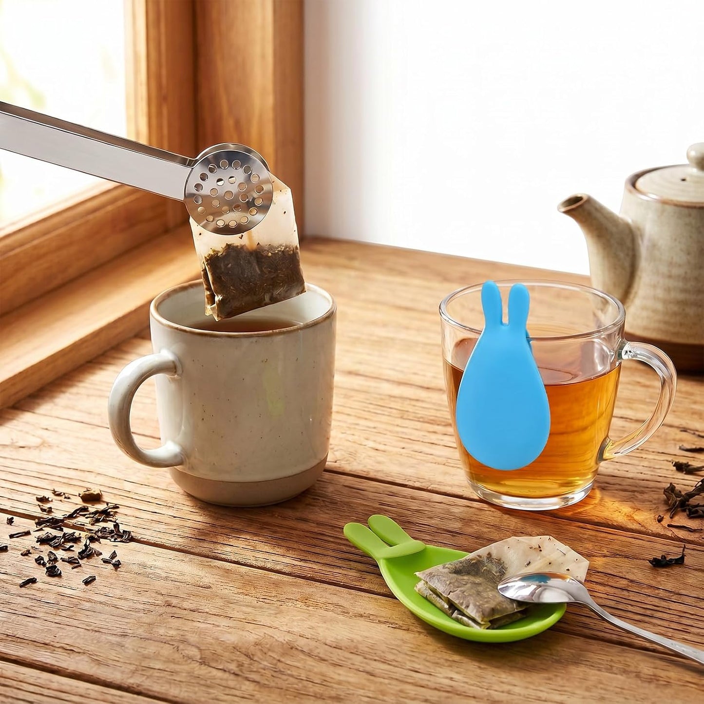 4PCS Stainless Steel Tea Bag Squeezer with Bunny Silicone Tea Bag Holders, 6inch Round Teabag Squeezer Strainer Clips Sugar Ice Cube for Kitchen Bar Tools