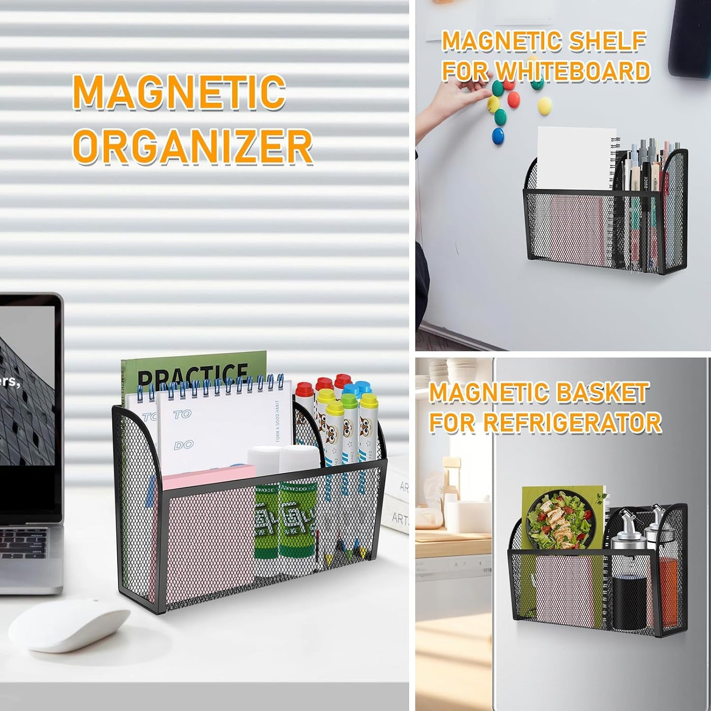 Magnetic Pencil Holder-Magnetic Basket for Fridge 3-Grid Mesh Magnetic Pen Holder for Refrigerator, Extra Strong Magnets Mesh Marker Holder Locker Accessories Organizer for Whiteboard