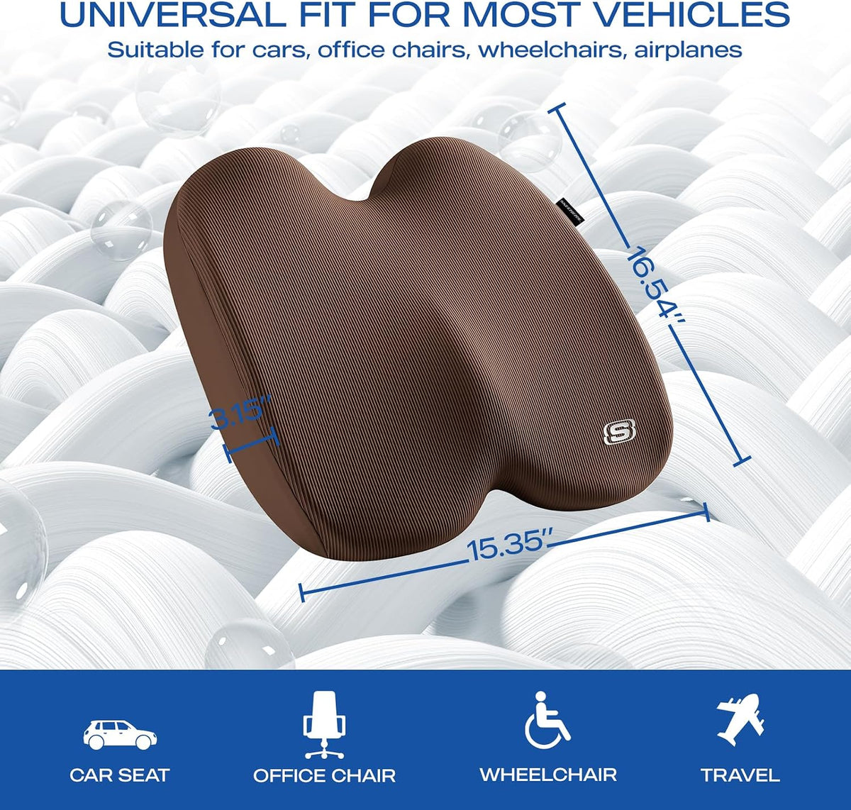 Skechers Seat Cushion, Ergonomic Memory Foam Cushion for Long Sitting Hours on Office & Home Chair, Car Seat Cushion for Sciatica, Coccyx Cushion,Brown