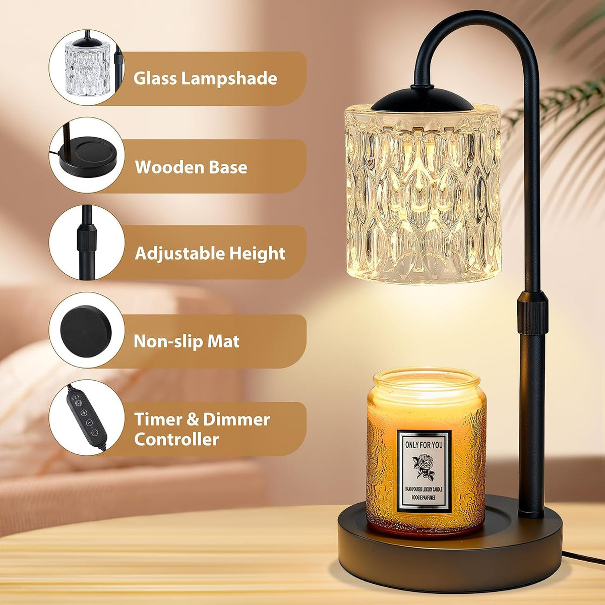 Briever Dimmable Candle Warmer Lamp with Timer, Height Adjustable Electric Candle Wax Warmer, Christmas Birthday Gifts for Women Mom, House Warming Gifts New Home Room Decor, Black Solid Wood Base