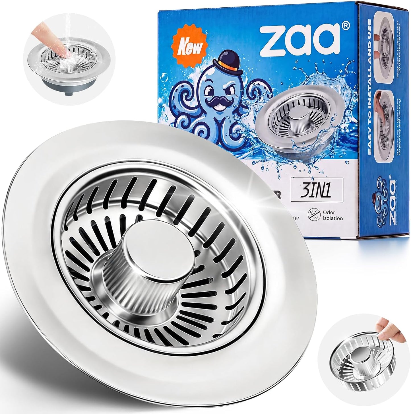 3 in 1 Kitchen Sink Drain Strainer Stopper Removable Basket Pop-Up | Kitchen Sink Food Strainer 1 Pack Silver Stainless - Food Catcher, Odor-Block Seal, Fits 3.5" Drain, Easy Clean