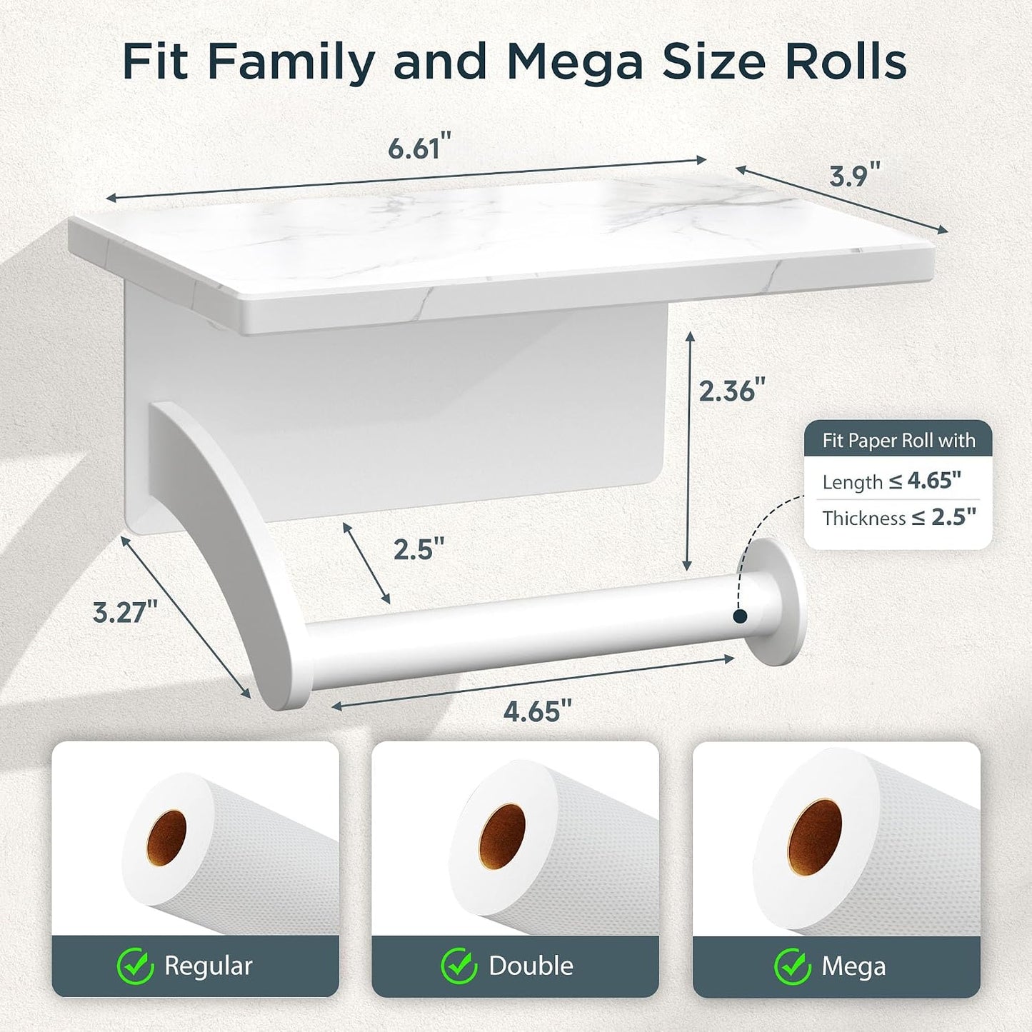 FORIOUS Toilet Paper Holder with Shelf, Natural Marble, Commercial | Brushed Nickel, Wall Mount 304 Stainless Steel Commercial Bathroom Tissue Roll Dispenser, Heavy Duty Washroom Paper Storage