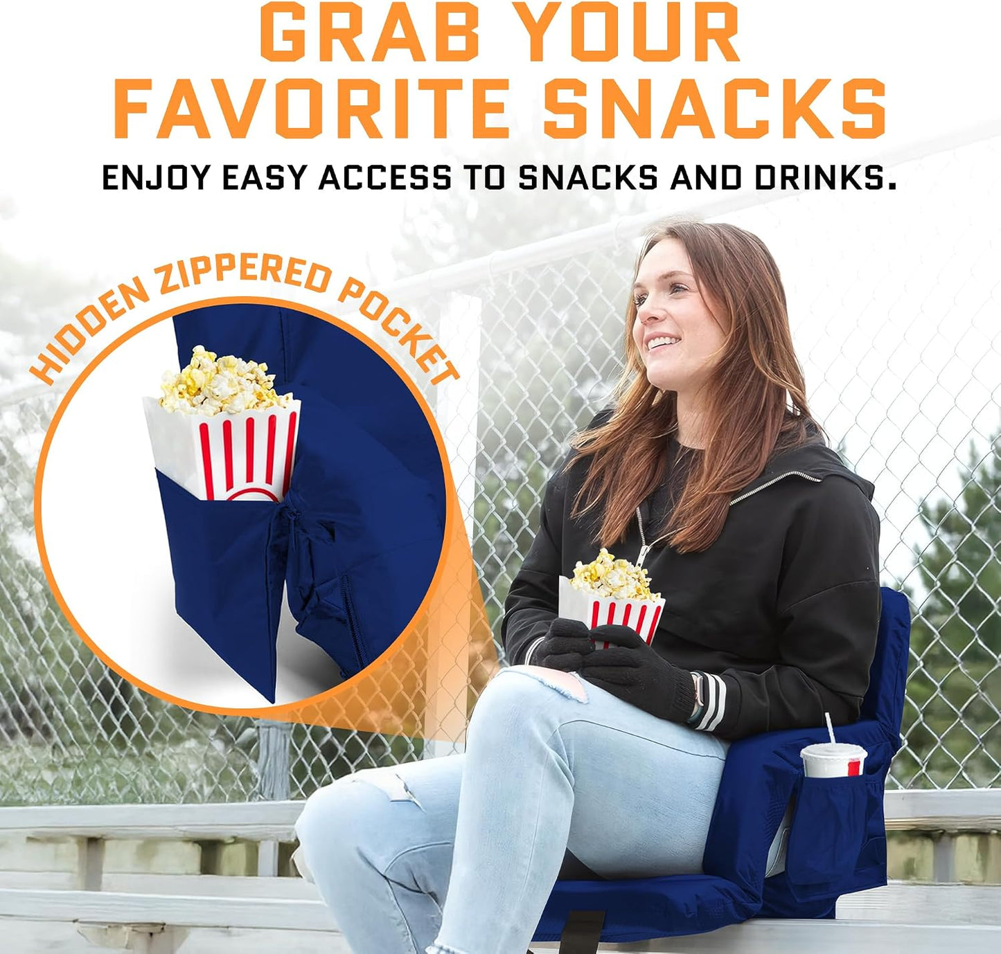 Heated Stadium Seats for Bleachers with Back Support – USB Battery Included - Upgraded 3 Levels of Heat - Foldable Chair - Cushioned, 4 Pockets for Snacks, Cup Holder - for Camping, Games & Sports
